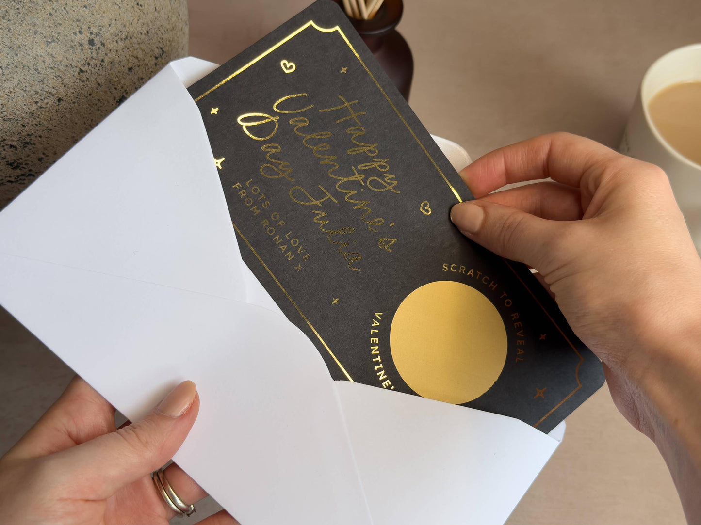 Handmade romantic scratch reveal ticket for Valentine’s Day, personalised with a thoughtful message