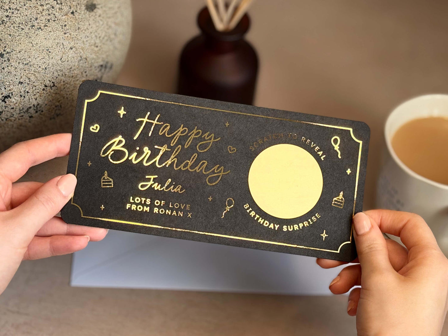 Scratch reveal ticket for a birthday celebration, personalised for friends or loved ones