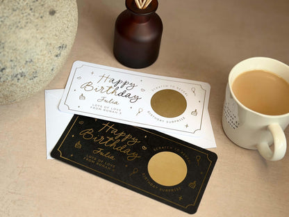 Creative scratch reveal card for a birthday gift, customised with your own message