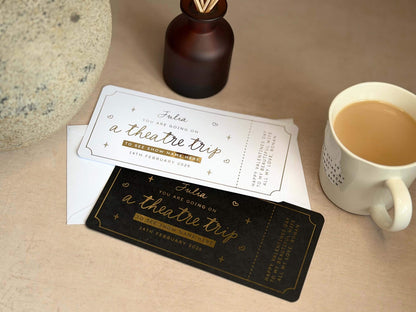 Creative scratch reveal card for a theatre trip experience, with a custom message