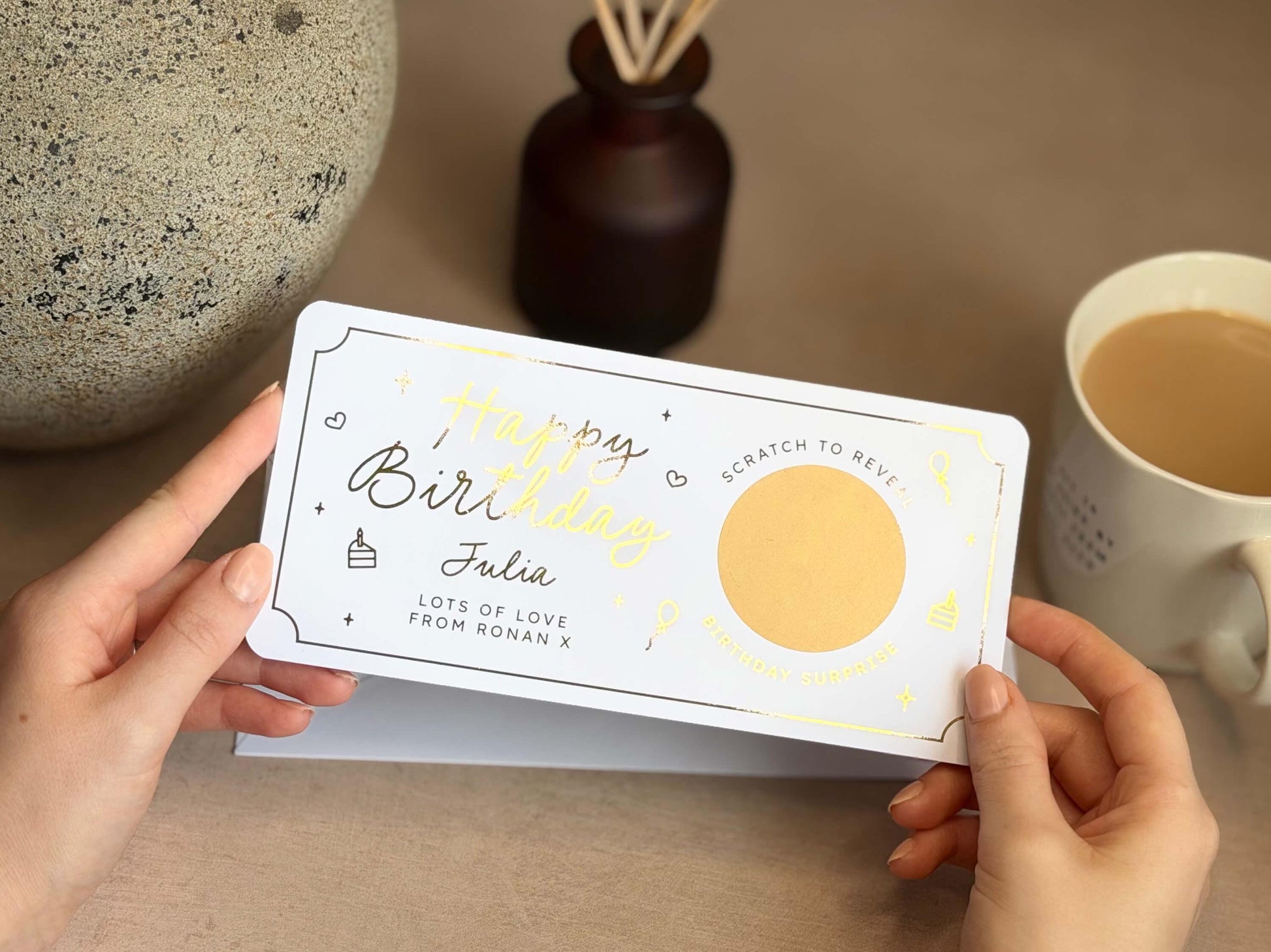 Customised scratch reveal card for a birthday gift, made to order in the UK