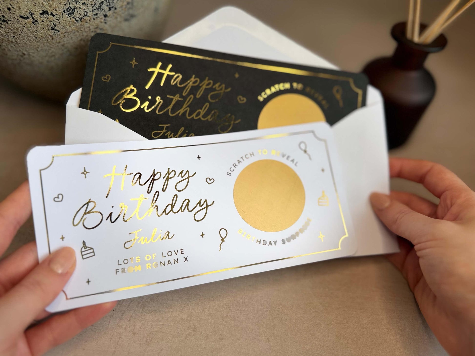 Customisable birthday scratch reveal ticket with a personal message for a memorable gift