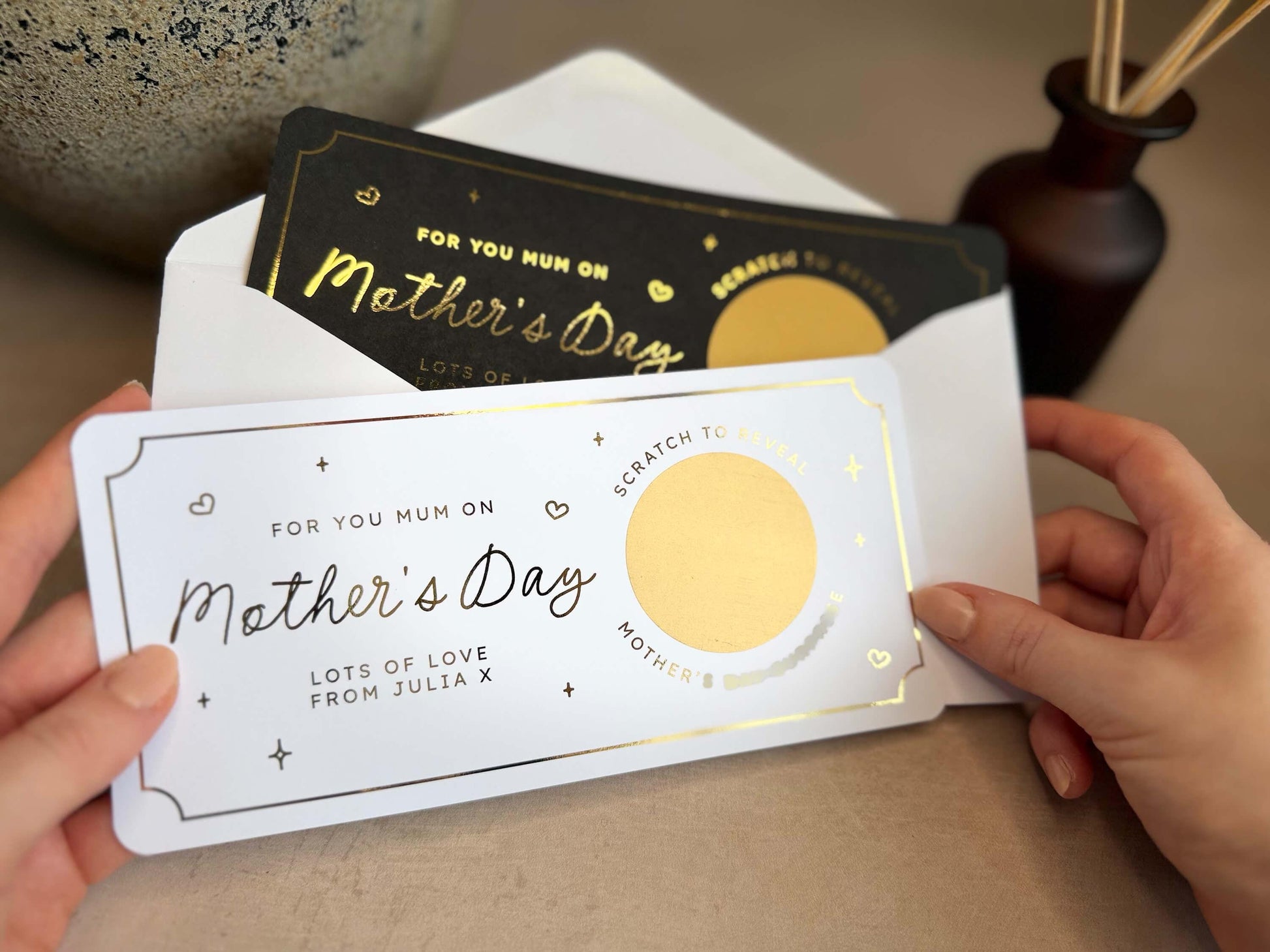 Customisable Mother’s Day gift idea with a unique scratch reveal card for Mum