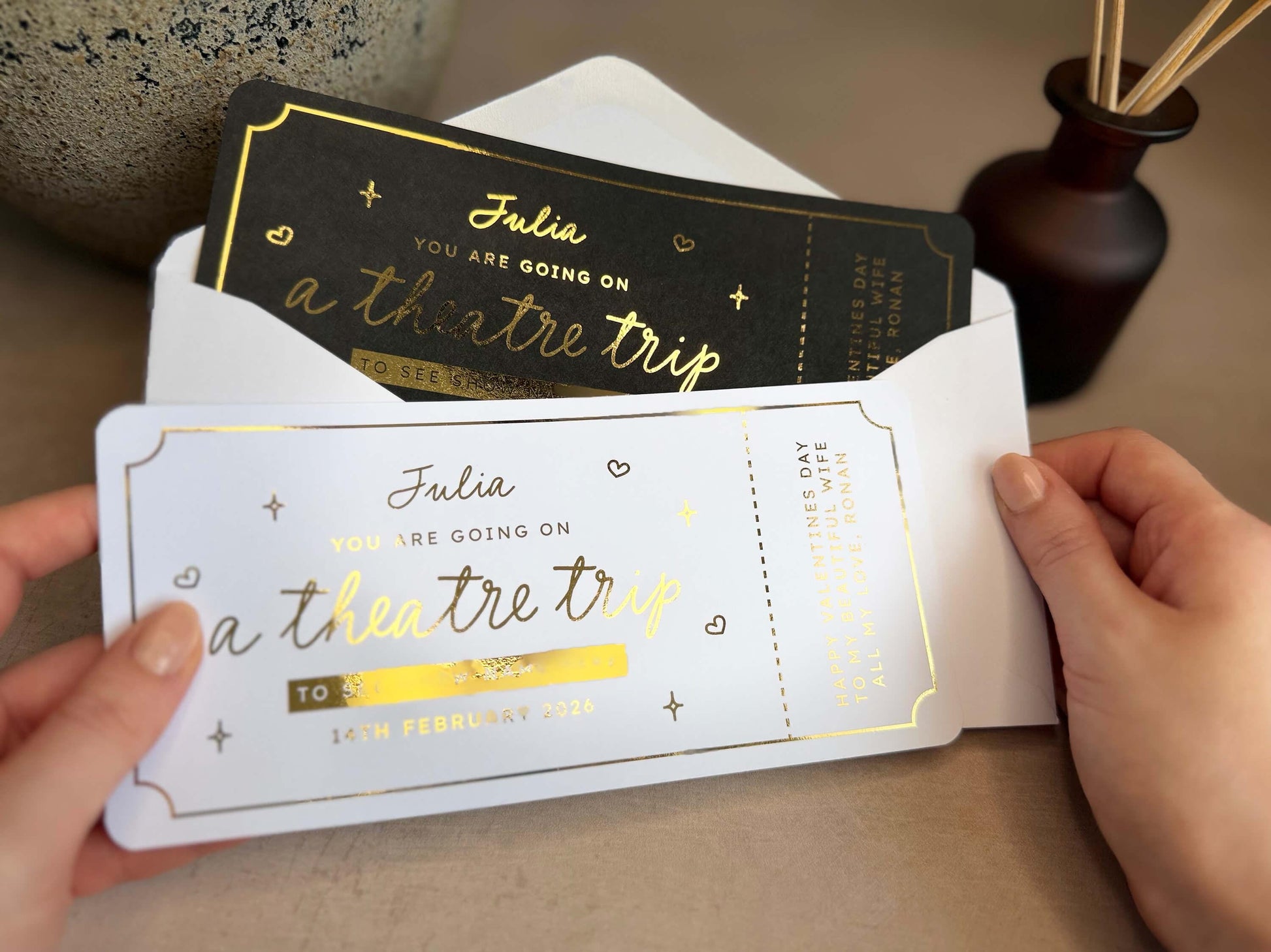 Customisable theatre trip gift ticket with personal message for a memorable surprise