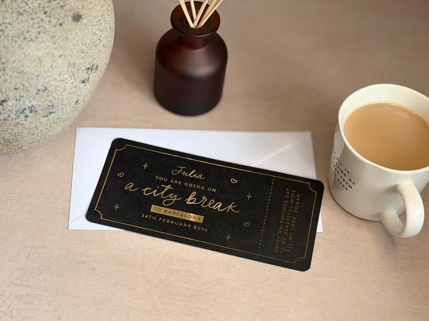 Handmade, personalised city break scratch reveal ticket for a unique experience gif
