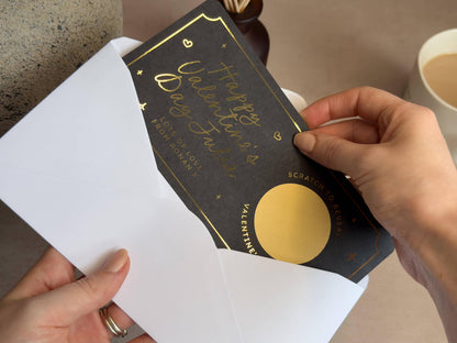 Handmade romantic scratch reveal ticket for Valentine’s Day, personalised with a thoughtful message