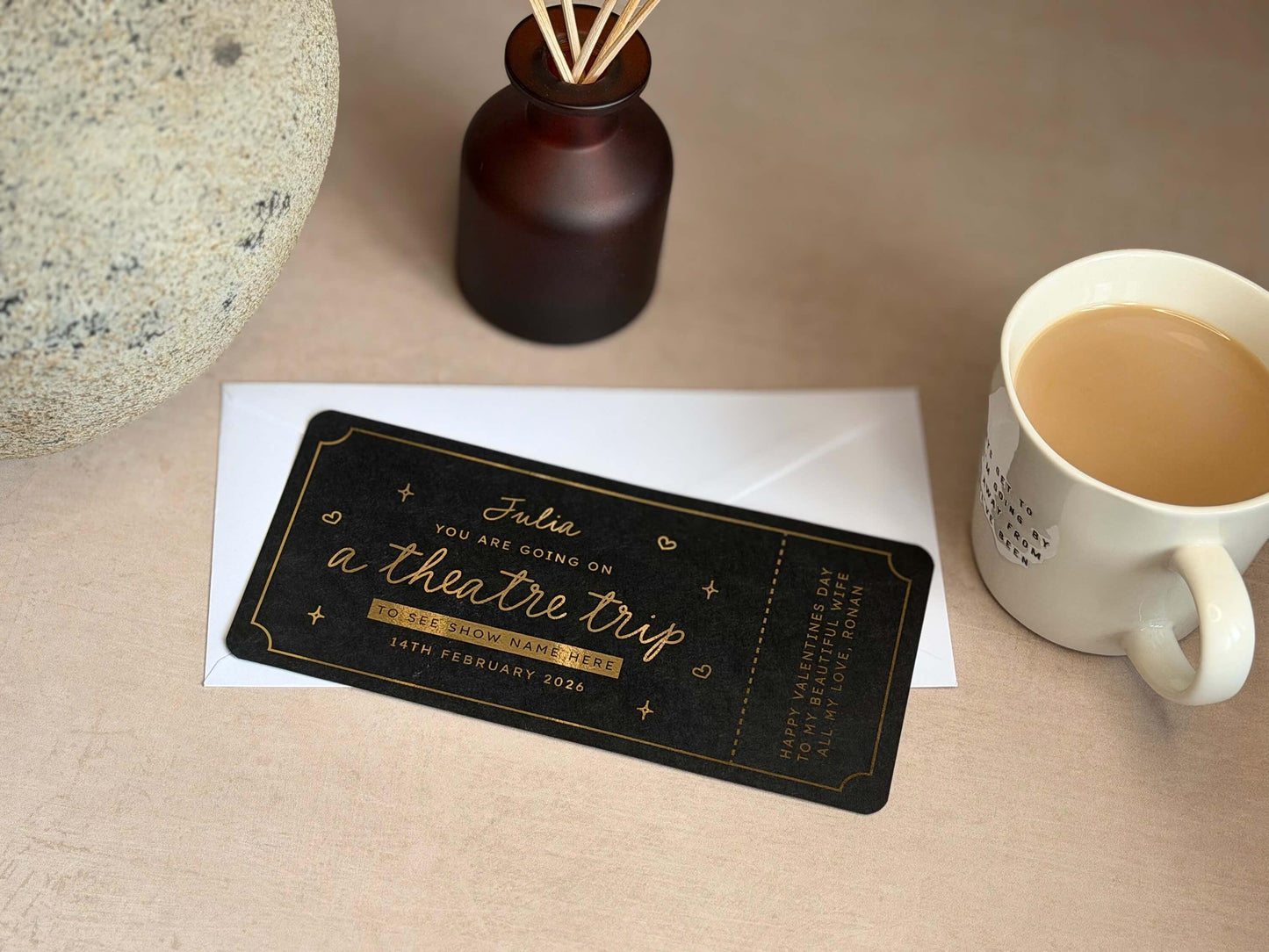 Handmade, personalised theatre trip scratch reveal ticket for a unique gift