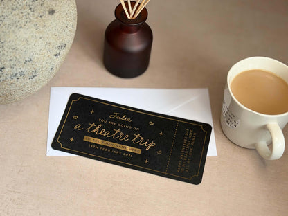 Handmade, personalised theatre trip scratch reveal ticket for a unique gift