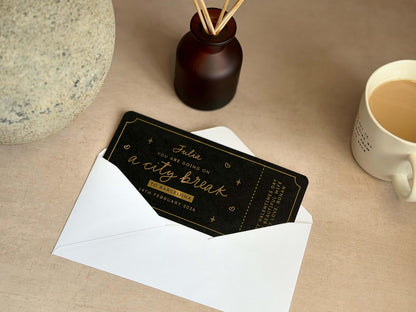 Personalised scratch reveal ticket for a city break gift experience, perfect for surprises