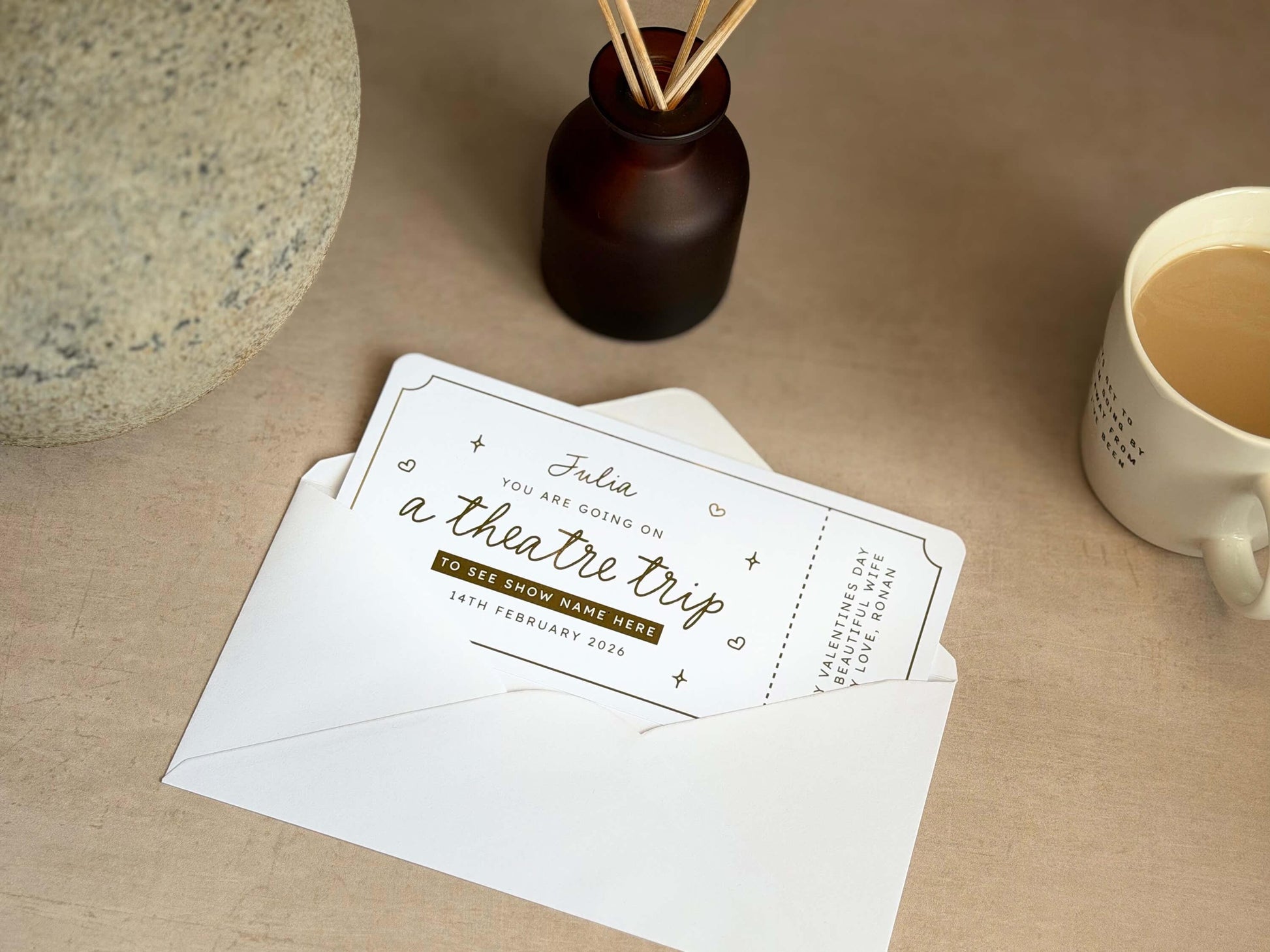 Personalised scratch reveal ticket for a theatre trip experience gift, perfect for surprises