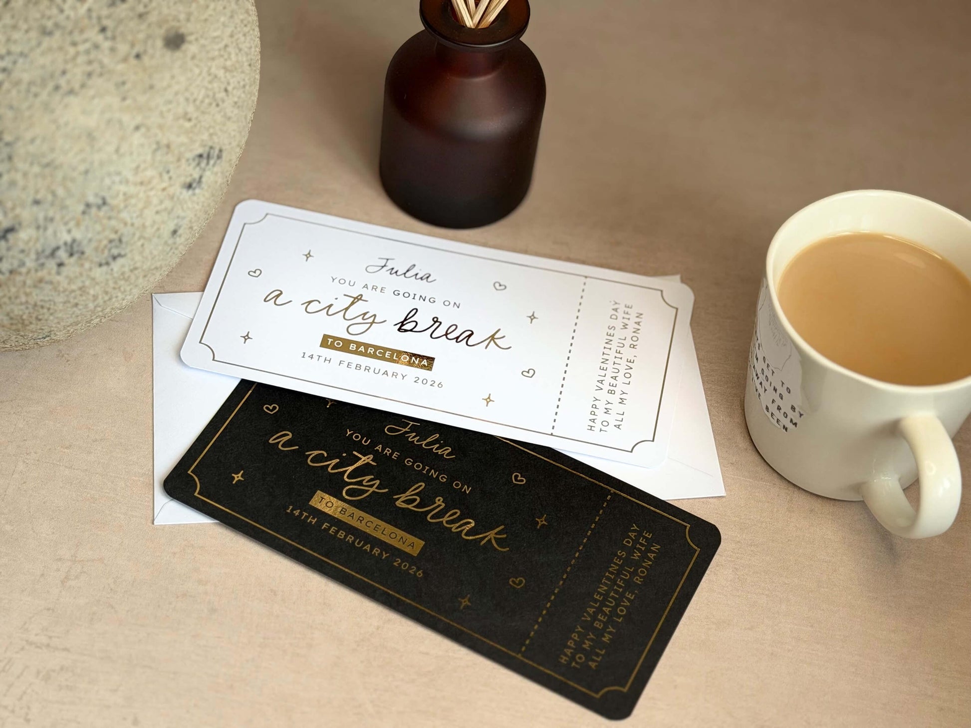 Scratch reveal card for a city break getaway, personalised with a message for a thoughtful surprise