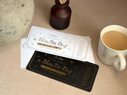 Scratch reveal card for a theatre show getaway, personalised with a message for a thoughtful surprise